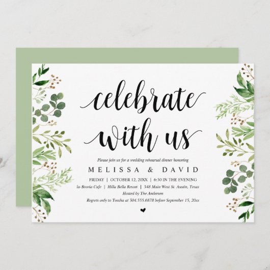 私たちと一緒に祝いましょう グリーン、リハーサルディナーの招待状 招待状 (正面/裏面)