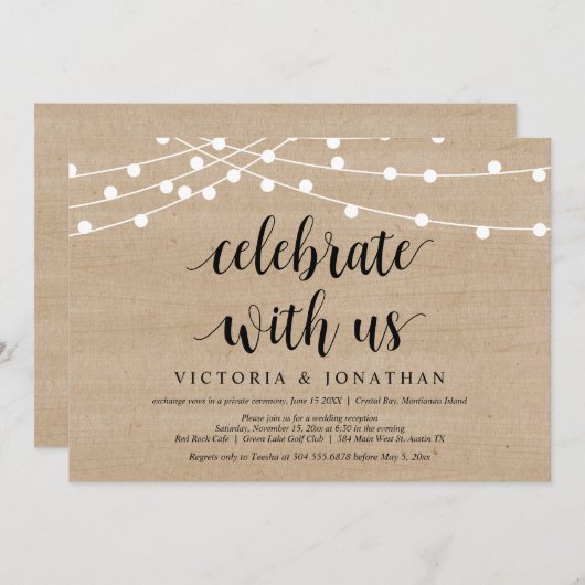 私たちと一緒に祝いましょう、ストリングライト、ウェディングエロープメント 招待状 (正面/裏面)