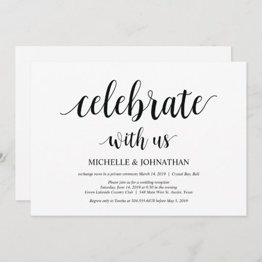 私たちと一緒に祝いましょう。結婚式の秘密の誓いの招待状 招待状 (正面/裏面)