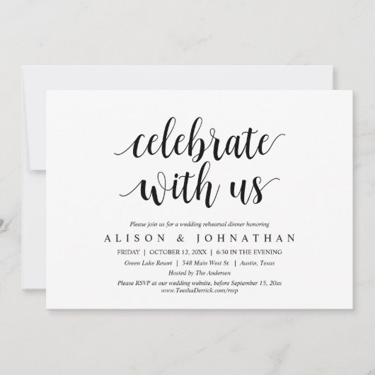 私たちと一緒に祝いましょう！結婚式リハーサルディナー パーティー 招待状 (正面)