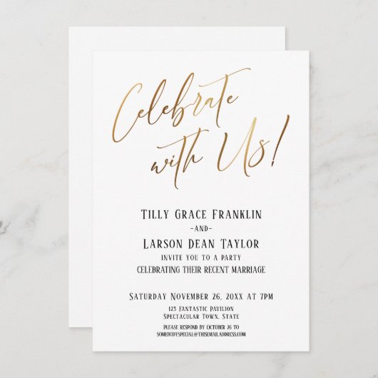 私たちと一緒に祝おう！エレガントなゴールドの結婚式 招待状 (正面/裏面)