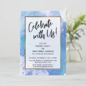 私たちと一緒に祝おう - ゴールドの境界線が付いた抽象的な青のスプラッシュ 招待状 (スタンド正面)