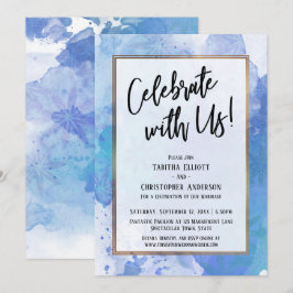 私たちと一緒に祝おう - ゴールドの境界線が付いた抽象的な青のスプラッシュ 招待状