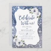 私たちと一緒に祝おう！スパークルブルーのグリッターと花 招待状 (正面/裏面)