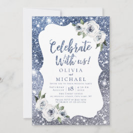 私たちと一緒に祝おう！スパークルブルーのグリッターと花 招待状