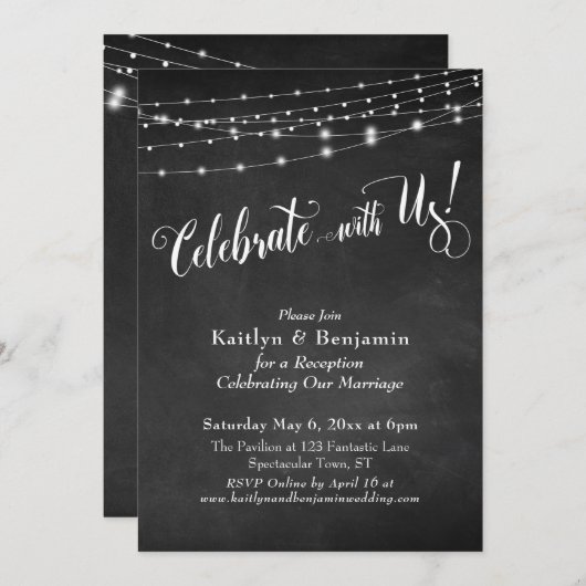 私たちと一緒に祝おう! タイポグラフィ、チョークボードライト 招待状 (正面/裏面)