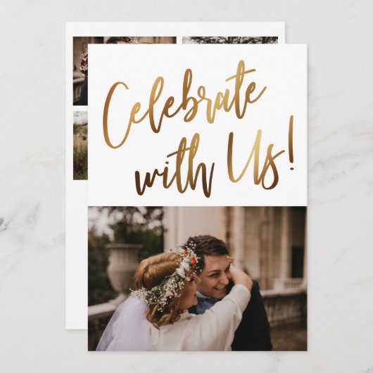 私たちと一緒に祝おう！ ミニマルゴールド手書きフォト 招待状 (正面/裏面)