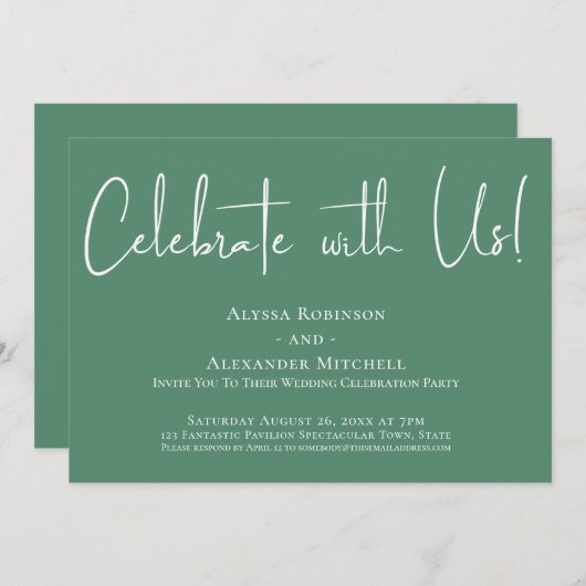 私たちと一緒に祝おう!モダン フォント 緑の受付 招待状 (正面/裏面)