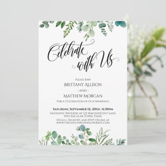 私たちと一緒に祝おう ユーカリグリーンのレセプション 招待状 (スタンド正面)