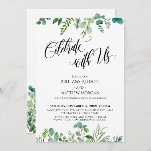 私たちと一緒に祝おう ユーカリグリーンのレセプション 招待状 (正面/裏面)