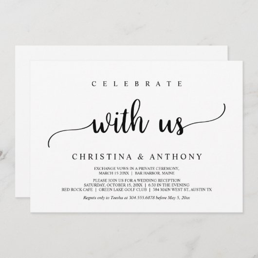 私たちと一緒に祝おう、ラスティック ウェディング エロープメント 招待状 (正面/裏面)