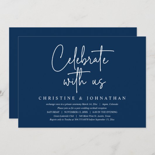 私たちと一緒に祝おう、結婚式の秘密の誓いパーティー、ネイビー 招待状 (正面/裏面)