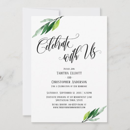 私たちと一緒に祝おう 詳細な脚本とグリーンが彩るセレブレーション 招待状 (正面)