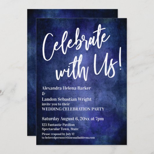 私たちと一緒に祝おう!豊かな青のグランジ手書き 招待状 (正面/裏面)
