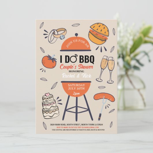 私たちと一緒にBBQ カップルシャワーのエンゲージメントガーデンパーティ 招待状 (スタンド正面)