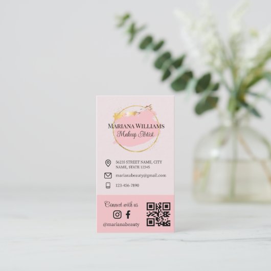 私たちと接続,ソーシャルメディア, qrコードピンクのメイクアップ 名刺 (スタンド正面)
