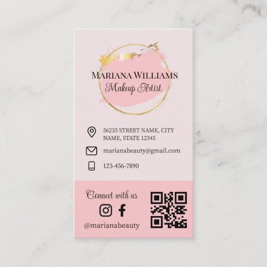 私たちと接続，ソーシャルメディア， qrコードピンクのメイクアップ 名刺 (正面)