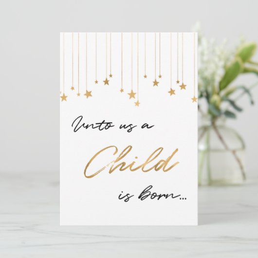 私たちにとって子供はフォト生まれ金ゴールドのクリスマスカード 招待状 (スタンド正面)