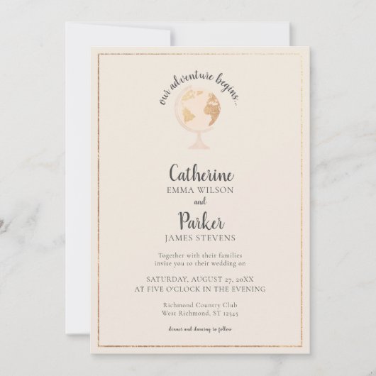 私たちのアドベンチャーワールドグローブマップトラベル結婚金ゴールド 招待状 (正面)