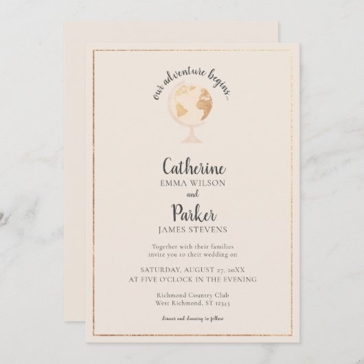 私たちのアドベンチャーワールドグローブマップトラベル結婚金ゴールド 招待状 (正面/裏面)