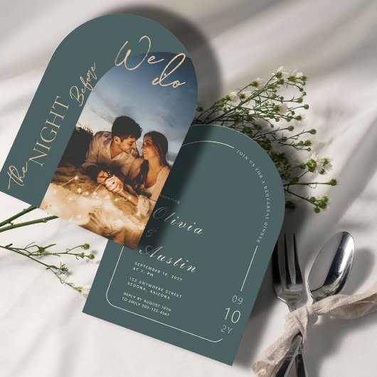私たちのアーチの写真のリハーサルディナーの前の夜 招待状