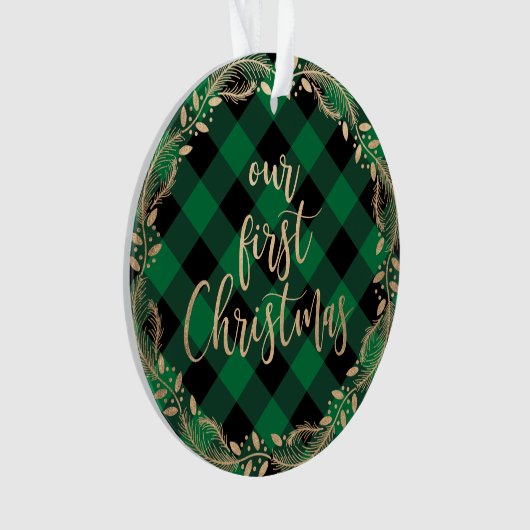 私たちのエレガント初めてのクリスマスをミスター&ミセス写真として金ゴールド オーナメント (正面)