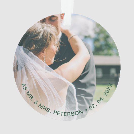 私たちのエレガント初めてのクリスマスをミスター&ミセス写真として金ゴールド オーナメント (裏面)