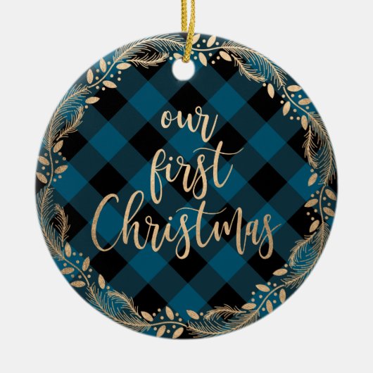 私たちのエレガント初めてのクリスマスをミスター&ミセス写真として金ゴールド セラミックオーナメント (正面)