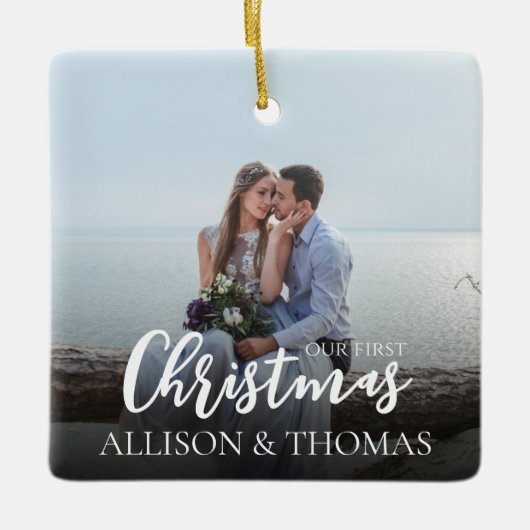 私たちのエレガント初めてのクリスマスシンプル写真結婚の写真 セラミックオーナメント (正面)