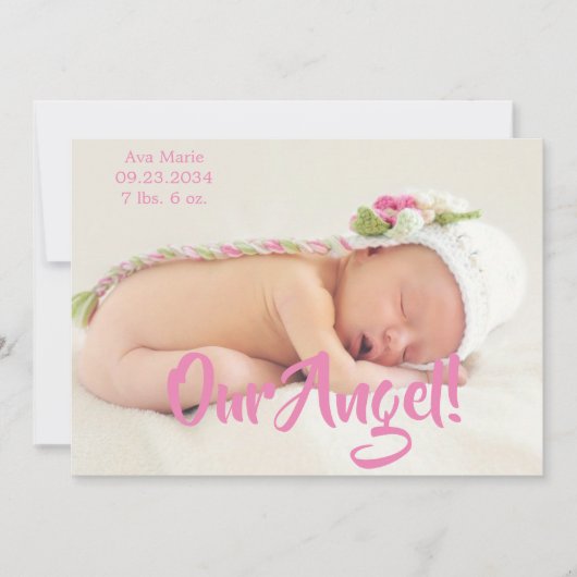 私たちのエンジェルピンク写真スクリプトパーソナライズされた誕生 案内状 (正面)