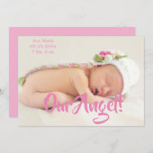 私たちのエンジェルピンク写真スクリプトパーソナライズされた誕生 案内状 (正面/裏面)