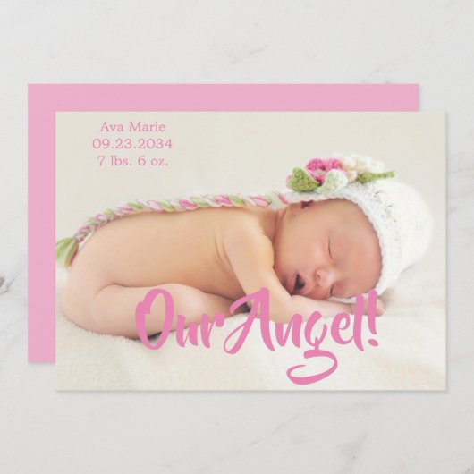 私たちのエンジェルピンク写真スクリプトパーソナライズされた誕生 案内状 (正面/裏面)