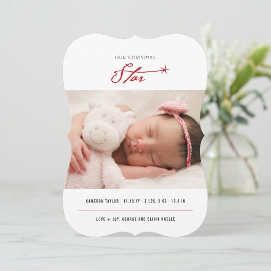 私たちのクリスマススタースタイリッシュベビーフォトモダン誕生 シーズンカード (スタンド正面)