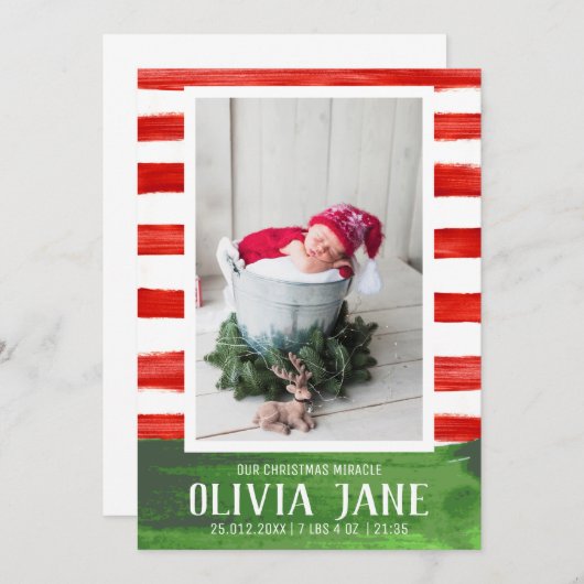 私たちのクリスマス生まれたばかりのの奇跡のフォトレストライプッド 案内状 (正面/裏面)