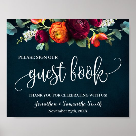 私たちのゲストブックにサインを ウェディング ワイン ネイビー ポスター (正面)