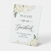 私たちのゲストブックホワイトローズ金ゴールドフローラに署名 台座サイン (正面)