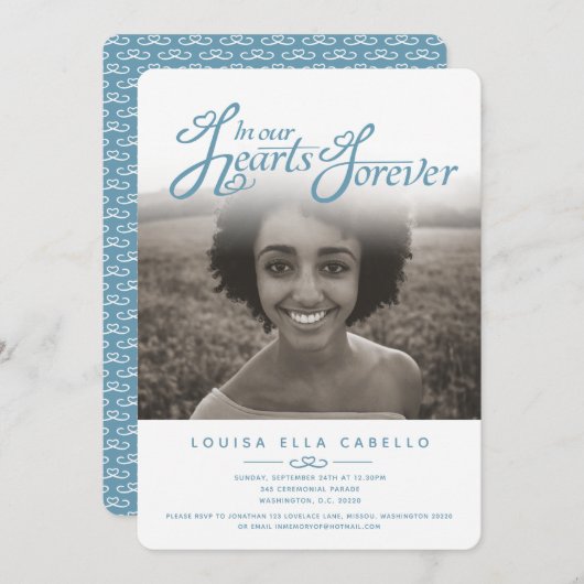 私たちのハートで写真葬儀ホワイトブルー招待状 招待状 (正面/裏面)
