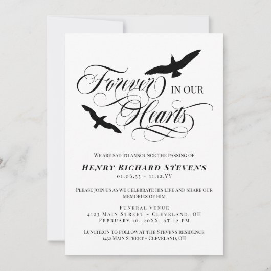 私たちのハートで永遠に舞う鳥の写真葬儀 招待状 (正面)