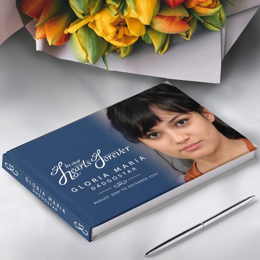 私たちのハートで永遠に葬儀の写真の青い銀 ゲストブック