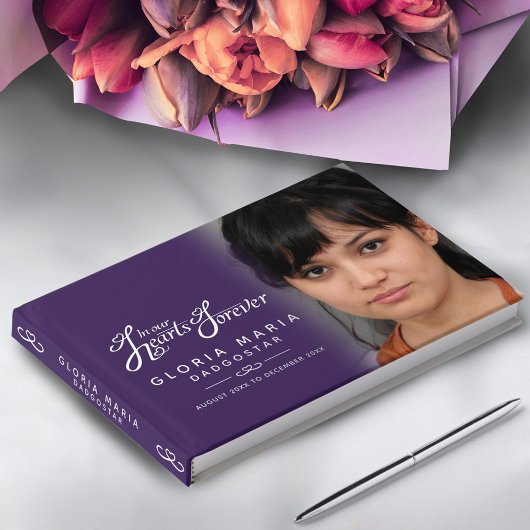 私たちのハートで永遠に葬儀の写真パープルシルバー ゲストブック