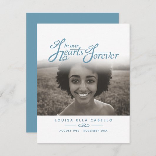 私たちのハートで葬儀の青い白い写真詩カード エンクロージャーカード (正面/裏面)