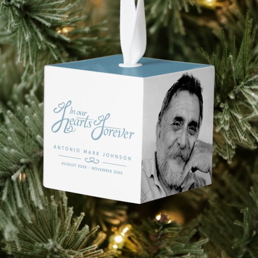 私たちのハートの葬儀の青い白い写真追悼 キューブオーナメント (ツリー)