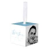 私たちのハートの葬儀の青い白い写真追悼 キューブオーナメント (正面アングル)