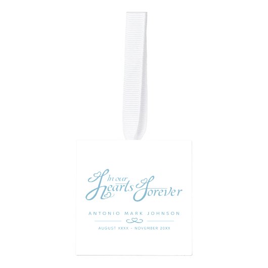 私たちのハートの葬儀の青い白い写真追悼 キューブオーナメント (正面)