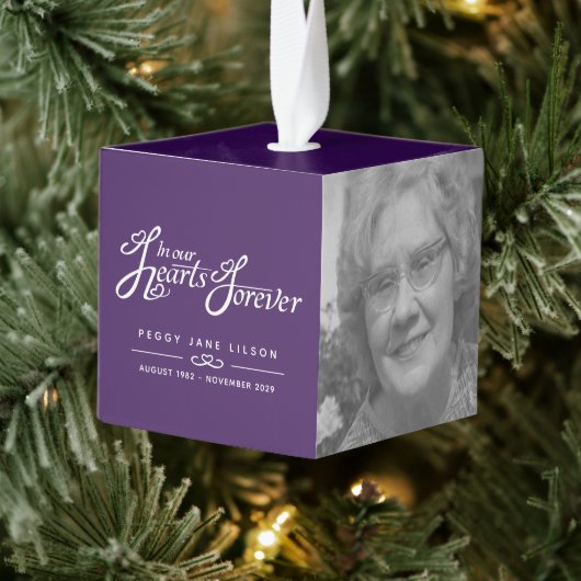 私たちのハートの葬儀は永遠に紫の2つの写真 キューブオーナメント (ツリー)
