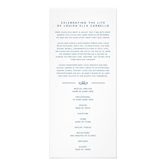 私たちのハートの葬儀プログラムで白とスチールブルー ラックカード (正面)