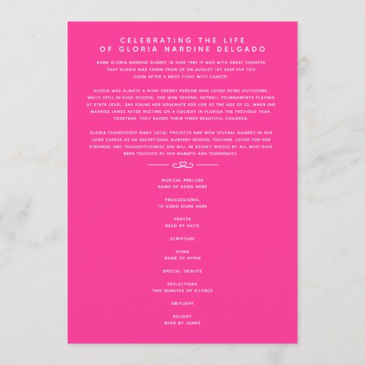 私たちのハートの葬儀プログラムで白とピンク プログラム (裏面)