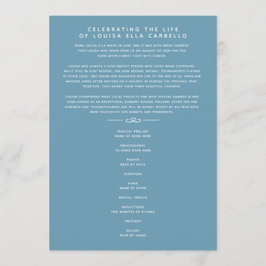 私たちのハートの葬儀プログラムで白と青 プログラム (裏面)