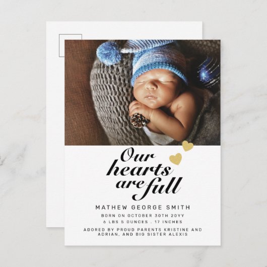 私たちのハートはフルモダン1フォトベビー誕生 案内ポストカード (正面/裏面)