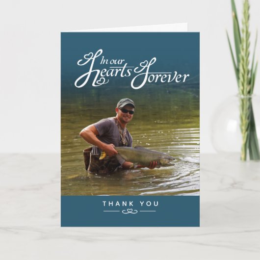 私たちのハートブルーティール（緑がかった色）写真の葬儀 サンキューカード (正面)